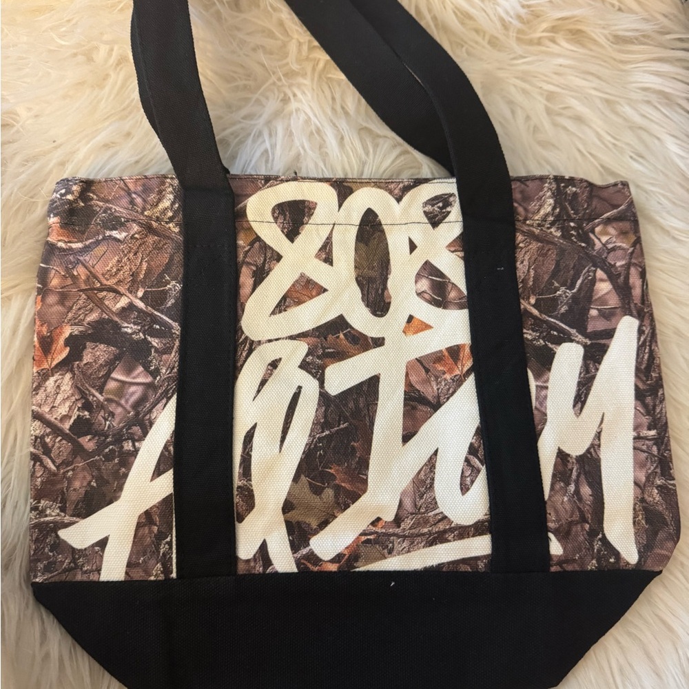 Woodland Camo Canvas Tote with Black Trim and White Script 808 All Day - Picture 4 of 5